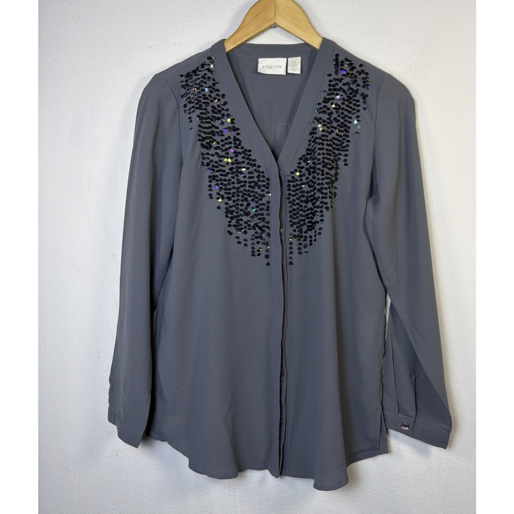 Chico's 0 Womens small Grey Sequin Button Down Career Top party wedding guest